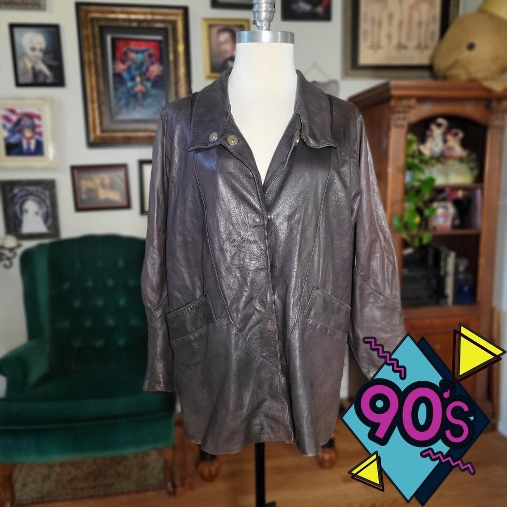 Luigui M Genuine Leather Jacket RARE Vintage 90s Brown Collared Coat‎ Women's
